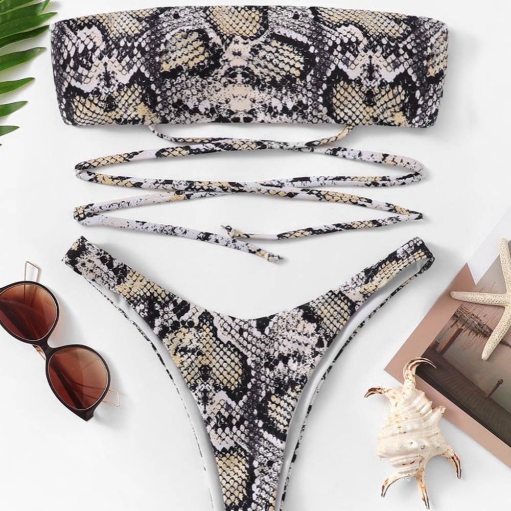 Snakeskin Print Bandeau High Thigh Bikini